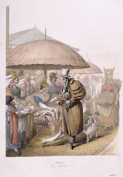 Marknaderna i Les Halles, 1831 (wc på papper) av Georg Emanuel Opitz