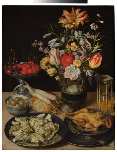 Stilleben med blommor och livsmedel av Georg Flegel