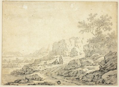 Klippigt landskap med figurer och hund på stig av Georg Friedrich Dietzsch