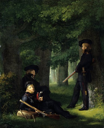 Tyska: Theodor Körner, Friedrich Friesen och Heinrich Hartmann om Utpost Vid utposten av Georg Friedrich Kersting