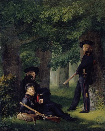 Tyska: Theodor Körner, Friedrich Friesen och Heinrich Hartmann om utpost om utposttjänst av Georg Friedrich Kersting