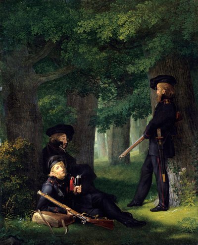 ""Utposterna"" (Utposttjänst) (Porträtt av Theodor Koerner (1791-1813, preussisk poet och soldat), Karl Friedrich Friesen (1784-1814, pedagog och ensamvarg) och Heinrich Hartmann) Målning av Georg Friedrich Kersting (1785- 1847) 1815 Mått 46x35 cm av Georg Friedrich Kersting