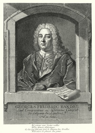 George Frideric Handel, tysk barockkompositör (gravyr) av Georg Friedrich Schmidt