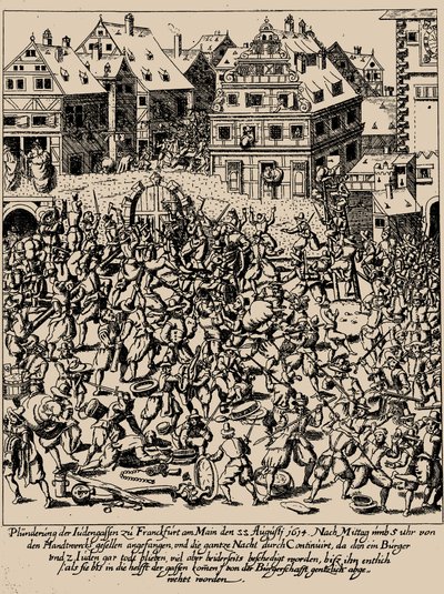 Fettmilch-uppgången. Plundringen av Judengasse i Frankfurt den 22 augusti 1614, ca. 1616-1617 av Georg Keller