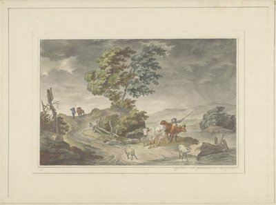 Kuperat landskap med boskapsskötare och vandrare mot en hotfull himmel av Georg Lamprecht (possibly)