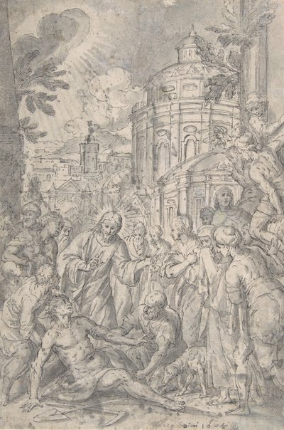 The Raising of the Youth of Naim, sent 1500-tidigt 1600-tal. av Georg Pecham