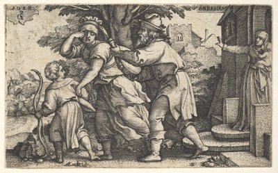 Abraham skickar iväg Hagar och Ismael: Abraham håller fram ett kärl som Hagar och Ishm..., ca. 1543. av Georg Pencz