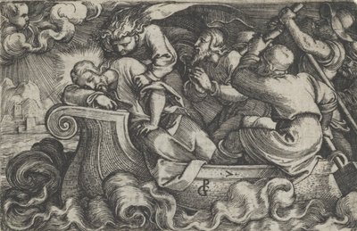 Kristus som sover under stormen på Tiberiasjön, från The Story of Christ, 1534-35. av Georg Pencz