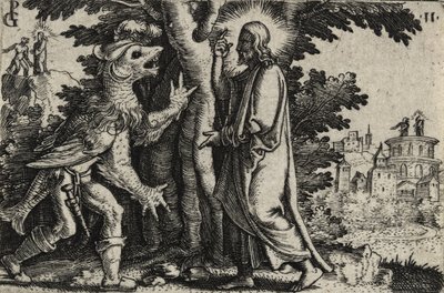Kristus frestad av djävulen i öknen (gravyr på lagt papper) av Georg Pencz