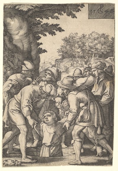 Joseph sänktes ner i en brunn av sina bröder, från serien The Story of Joseph, 1546. av Georg Pencz
