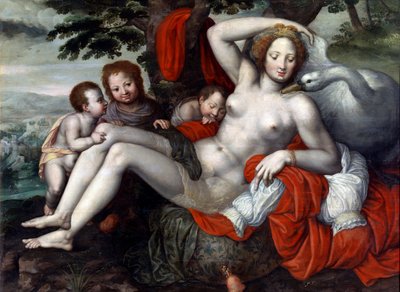 ""Leda and the Swan"" - Leda and the Swan av Pencz, Georg (Jorg) (1500/02-1550), mitten av 1500-talet. - Olja på trä, 92x126 - Museum of the Meadow, Madrid av Georg Pencz