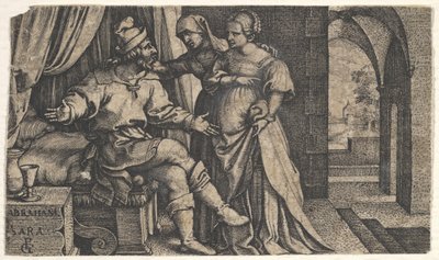 Sara presenterar Hagar för Abraham, som sitter vid fotändan av en säng, från serien The..., ca. 1543. av Georg Pencz