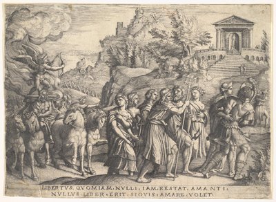 Triumph of Love: fyra hästar drar en vagn med Amor stående på en rykande plattform..., ca. 1539. av Georg Pencz