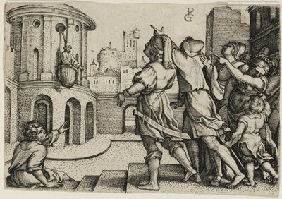 Virgil upphängd i en korg, kopia av Georg Pencz