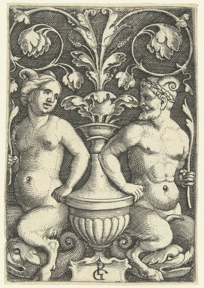 Kvinnlig och manlig satyr Ytdekorationer med grotesker och lövrankor (serietitel) av Georg Pencz