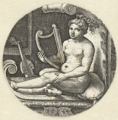 Sittande naken kvinna med en harpa harpist av Georg Pencz