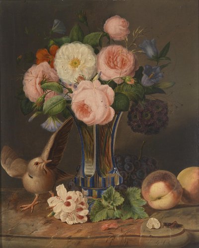 Ett blommigt stilleben med en fågel och en gräshoppa av Georg Seitz