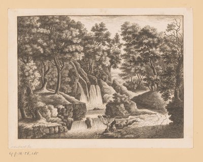 Vattenfall i skogen med två fiskare i förgrunden av Georg Wolfgang Knorr (possibly)