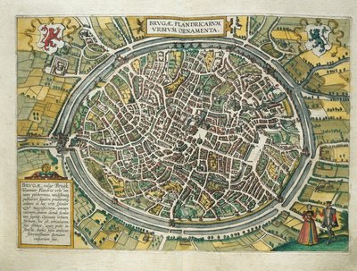 Belgien, Brygge karta från Cities of the World av Georg Braun (1541-1622) och Franz Hogenberg (1540-1590), Köln, gravyr av Georg Braun and Hogenberg Franz