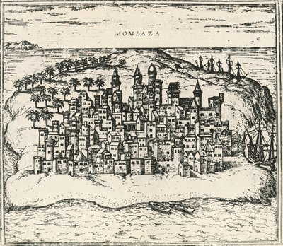 Staden Mombasa i Kenya, gravyr från Världsbanken av Georg Braun and Hogenberg Franz