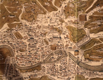 City of Rome, kartskylt, detalj från Civitates orbis terrarum, Cities of World, av Georg Braun (1541-1622) och Franz Hogenberg (1535-1590), verksam i Köln, gravyr, Italien av Georg Braun and Hogenberg Franz