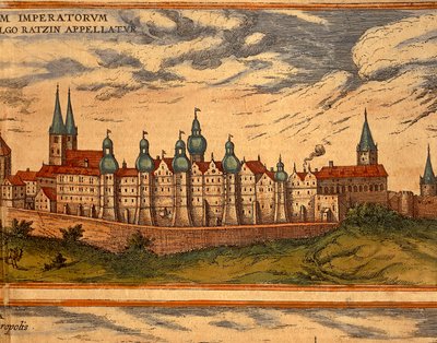 Tjeckien, Prag, vy över palatset, färggravyr från Civitates Orbis Terrarum av Georg Braun (1541-1622) och Franz Hogenberg (1535-1590) av Georg Braun and Hogenberg Franz