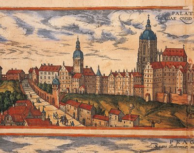 Tjeckien, Prag, Utsikt över citadellet, färggravyr från Civitates Orbis Terrarum av Georg Braun (1541-1622) och Franz Hogenberg (1535-1590) av Georg Braun and Hogenberg Franz
