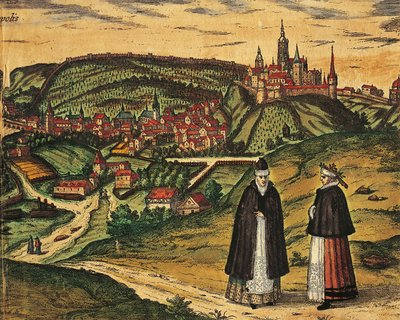 Tjeckien, Prag, Utsikt över staden med citadellet i bakgrunden, färggravyr från Civitates Orbis Terrarum av Georg Braun (1541-1622) och Franz Hogenberg (1535-1590) av Georg Braun and Hogenberg Franz