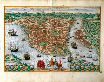 Italien, Milano, Perspektivvy av staden Konstantinpol av Georg Braun (1541-1622) och Franz Hogenberg (1535-1590), färggravyr av Georg Braun and Hogenberg Franz
