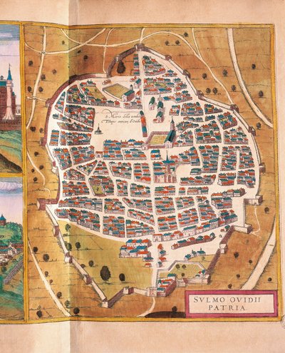 Italien, Sulmona, staden Sulmona från Civitates Orbis Terrarum av Georg Braun och Franz Hogenberg, gravyr av Georg Braun and Hogenberg Franz