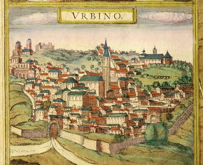 Italien, Urbino, Utsikt över staden, färggravyr från Civitates Orbis Terrarum av Georg Braun (1541-1622) och Franz Hogenberg (1535-1590) av Georg Braun and Hogenberg Franz