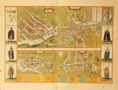 Karta över Galway, Dublin, Limerick och Cork från Civitates Orbis Terrarum av Georg Braun av Georg Braun and Hogenberg Franz