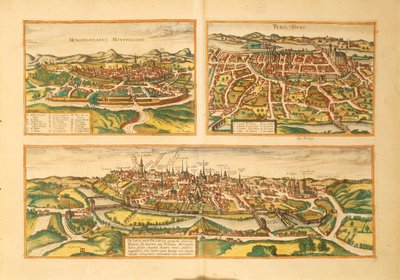 Karta över Montpellier, Tours och Poitiers från Civitates Orbis Terrarum av Georg Braun av Georg Braun and Hogenberg Franz