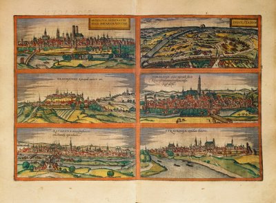 Karta över München, Ingolstadt, Freising, Nordlingen, Regensburg och Straubing, Tyskland, från Civitates Orbis Terrarum av Georg Braun av Georg Braun and Hogenberg Franz
