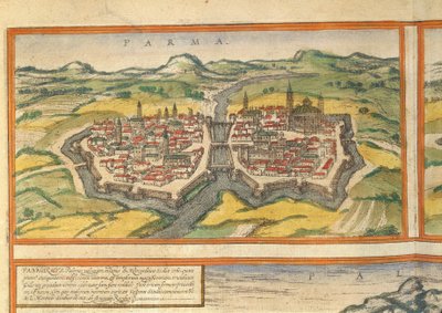 Karta över Parma från World Cities av Georg Braun av Georg Braun and Hogenberg Franz
