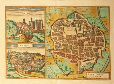 Karta över Urbino och Sulmona, Italien, från Civitates Orbis Terrarum av Georg Braun av Georg Braun and Hogenberg Franz