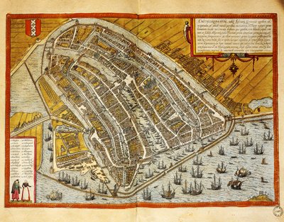 Nederländerna, karta över Amsterdam från Civitates Orbis Terrarum av Georg Braun (1541-1622) och Franz Hogenberg (1535-1590), gravyr av Georg Braun and Hogenberg Franz