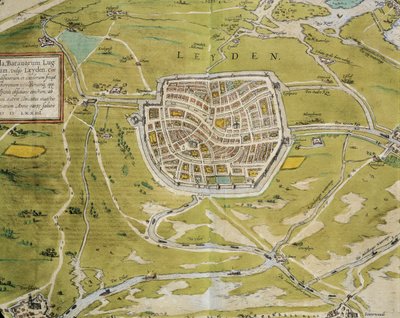 Nederländerna, karta över Leiden stad och region från Civitates Orbis Terrarum av Georg Braun (1541-1622) och Franz Hogenberg (1540-1590), Köln, gravyr av Georg Braun and Hogenberg Franz