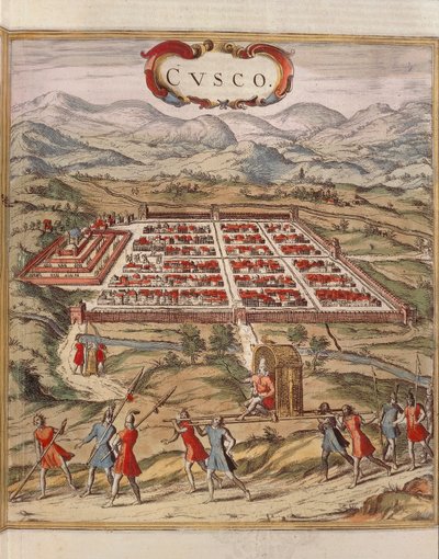 Peru, staden Cuzco, gravyr av Georg Braun av Georg Braun and Hogenberg Franz