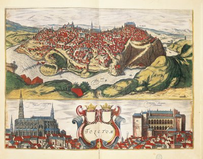 Spanien, Toledo, Staden Toledo från Civitates Orbis Terrarum av Georg Braun och Franz Hogenberg, gravyr av Georg Braun and Hogenberg Franz