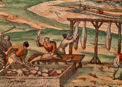 Tonfiskbearbetning av Franz Hogenberg (cirka 1540-cirka 1590), scen från världens stater av Georg Braun (1541-1622) och Franz Hogenberg (cirka 1540-cirka 1590) av Georg Braun and Hogenberg Franz