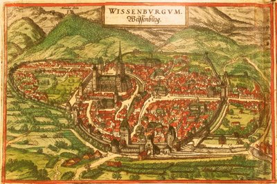 Wissembourg, Vita slottet, Alsace av Georg and Hogenberg Franz (1535 90) Braun