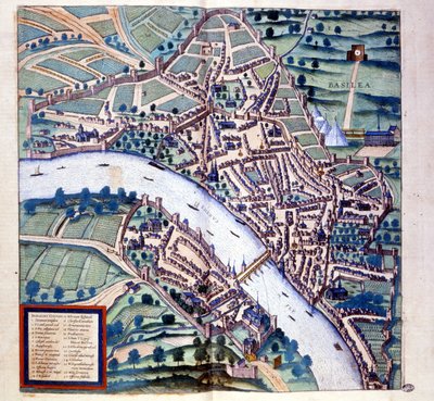 Basel (Schweiz), fågelperspektiv - i ""Atlas"" av Braun & Hogenberg av Georg Braun and Hogenberg Franz