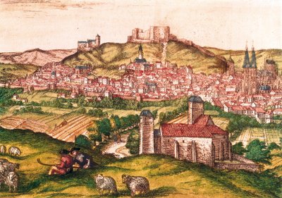 Staden Burgos i Spanien med herdar och fårhjord i förgrunden (1576). Gravyr i Civitatis Orbis Terrarum, av Georg Braun and Hogenberg Franz