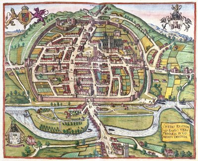 Exeter, England av Georg Braun and Hogenberg Franz