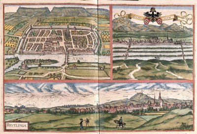 Heilbronn (Tyskland), Mulhouse (Frankrike) och Reutlingen (Tyskland) (gravyr av Georg Braun and Hogenberg Franz