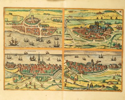 Helsingborg, Lund, Malmö, Elbogen och Landskrona, från Världsstäderna, Köln av Georg Braun and Hogenberg Franz