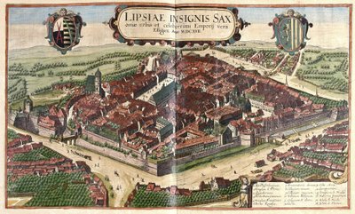 Leipzig, Sachsen, Tyskland (gravyr av Georg Braun and Hogenberg Franz