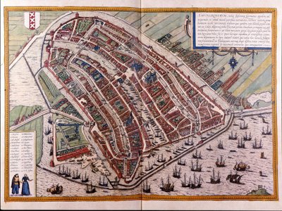 Karta över Amsterdam. Atlas över Braun och Hogenberg. Amsterdam 1588 av Georg Braun and Hogenberg Franz