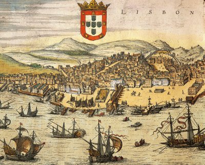 Karta över staden Lissabon, från Civitates Orbis Terrarum av Georg Braun och Franz Hogenberg, gravyr av Georg Braun and Hogenberg Franz